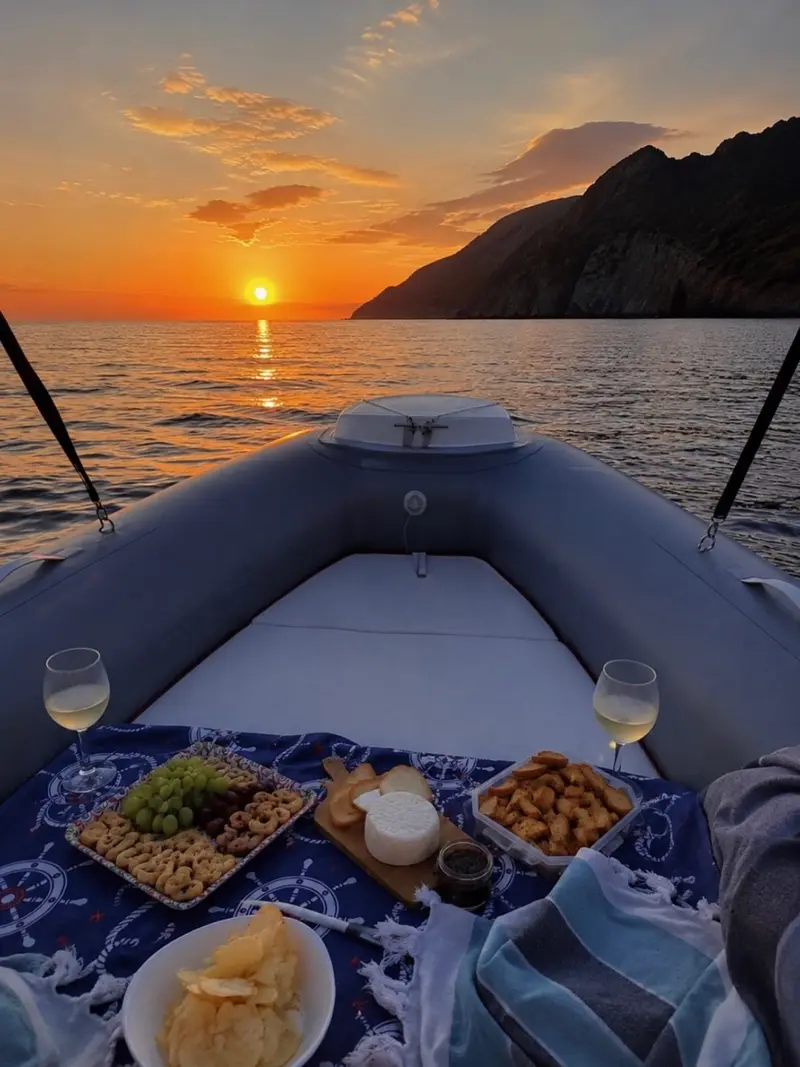 Aperitif with wine glasses on board at sunset