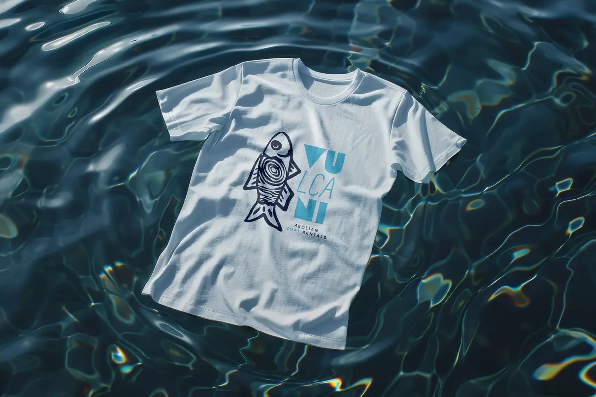White t-shirt with the Vulcani Aeolian Boat Rentals logo — the hand-drawn fish and the VULCANI wordmark — floating on the crystal-clear water of the Aeolian Islands